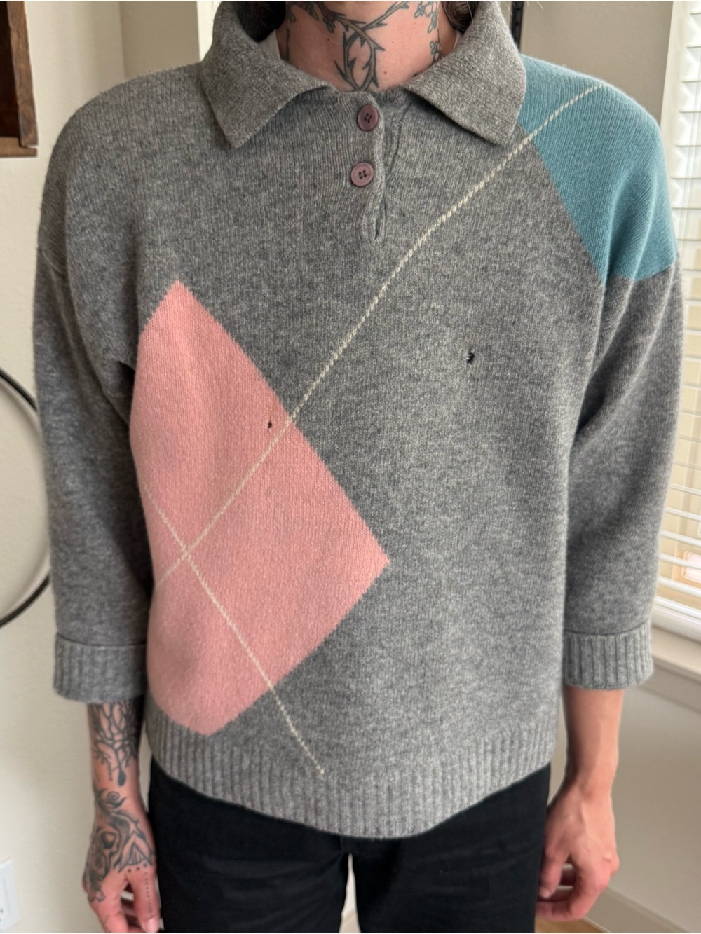 Vintage 80s Argyle Lambswool Boxy Distressed Polo Sweater ~ Size Large
